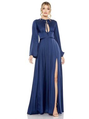 Mac Duggal Size 16 Navy Blue 68308 Satin Long Sleeve A-Line Evening Gown Dress
